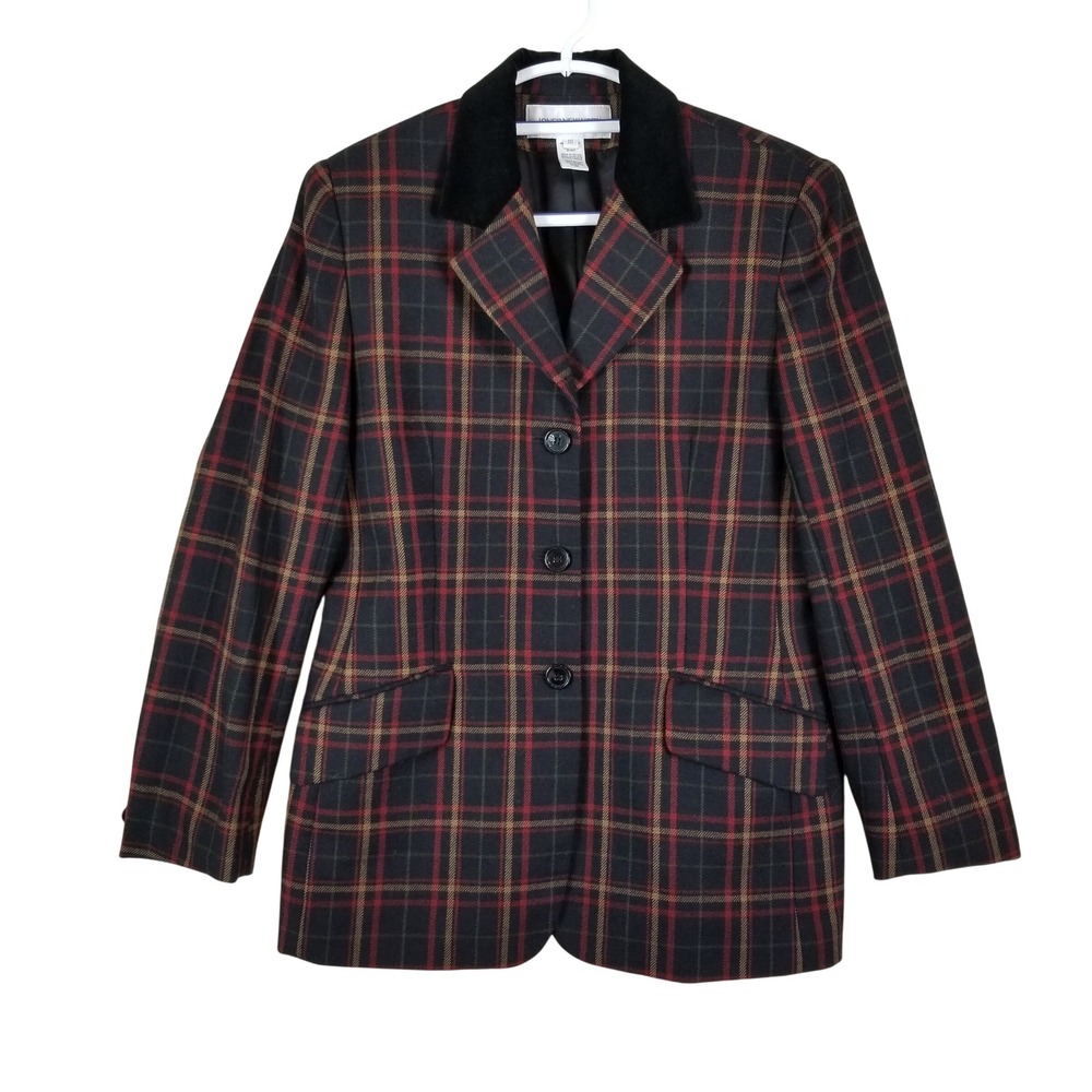 Jones New York Blazer Women 10‎ Red Plaid 100% Worsted Wool Velvet Collar USA